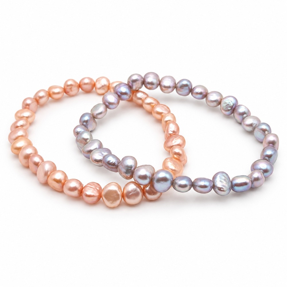 Pink Silver Baroque Cultured Freshwater Pearl Stretch Bracelet Set 7"